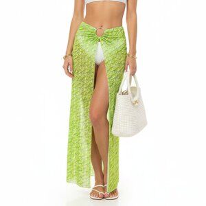 Kendall + Kylie Green Print Open Front Maxi Skirt Swim Bathing Suit Coverup L